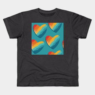 Retro Rainbow Hearts Repeat Pattern on Blue Kids T-Shirt